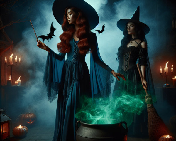 Witches by Cauldron in Mysterious Dim Lighting