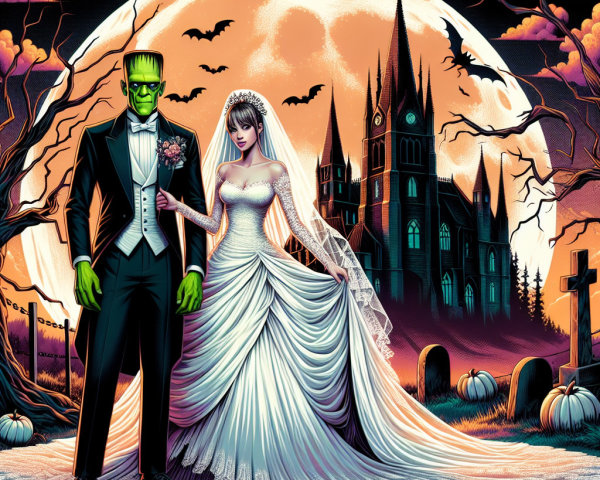 Gothic Wedding Scene with Frankenstein Groom and Bride