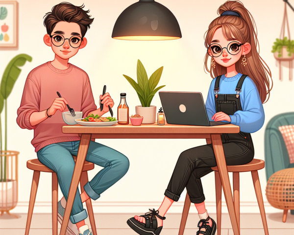Cozy Dining Scene with Young Couple at Wooden Table