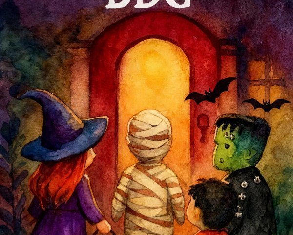 Whimsical Halloween Scene with Costumed Children