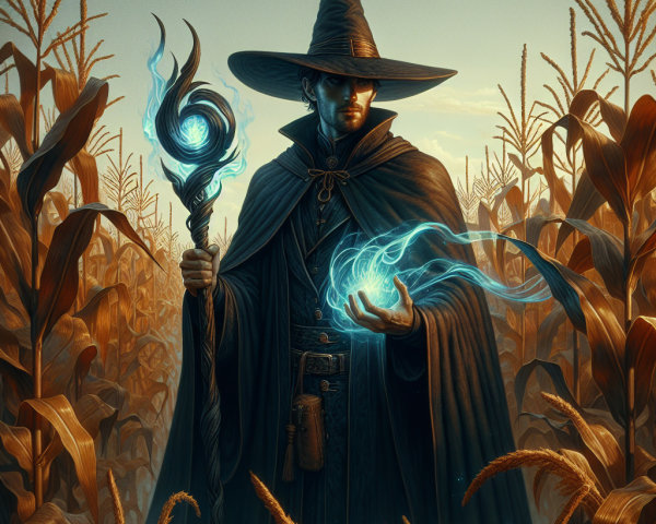 Wizard in a Golden Cornfield with Ethereal Flames
