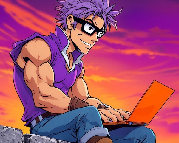 Muscular Young Man with Purple Hair at Sunset