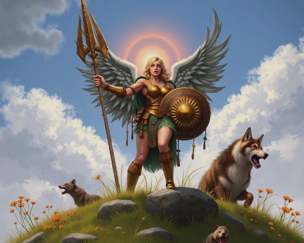 Warrior in Golden Armor on Grassy Hill with Animals
