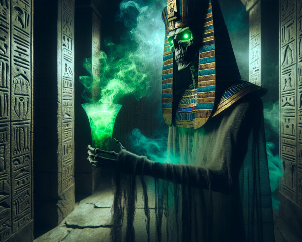 Mysterious Skeleton in Pharaoh Headdress in Tomb