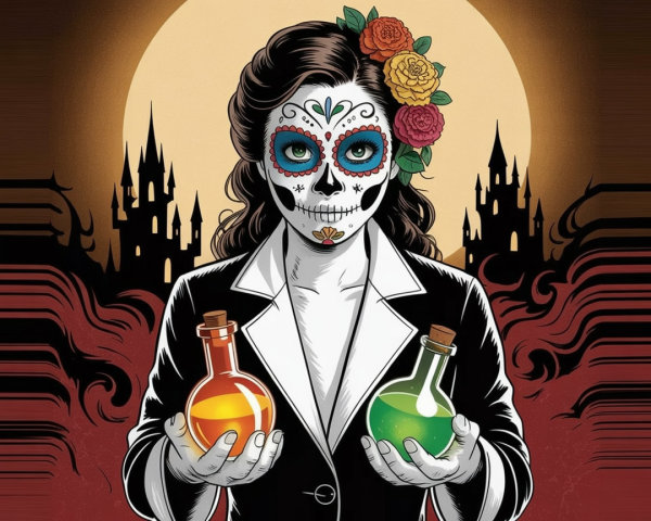 Elegant Figure with Floral Hair and Skull Face