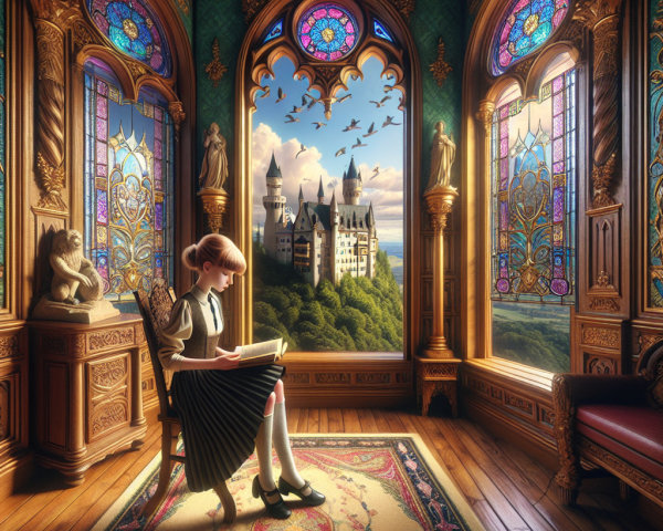 Young Girl Reading in Ornate Room with Stained Glass