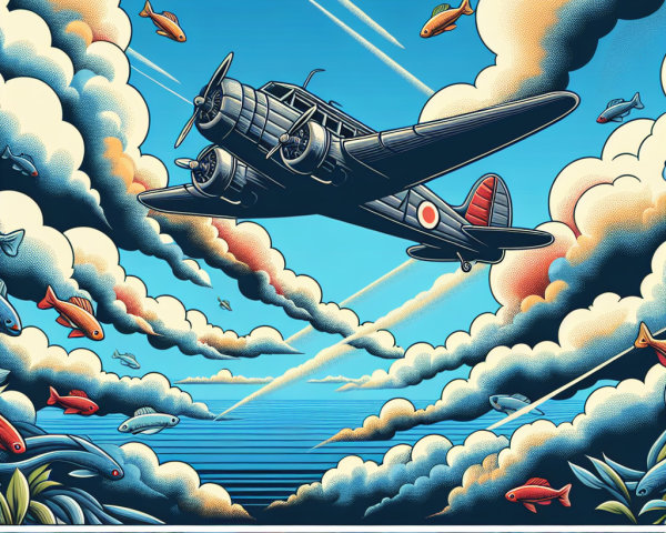 Vintage Airplane and Colorful Fish in Surreal Scene