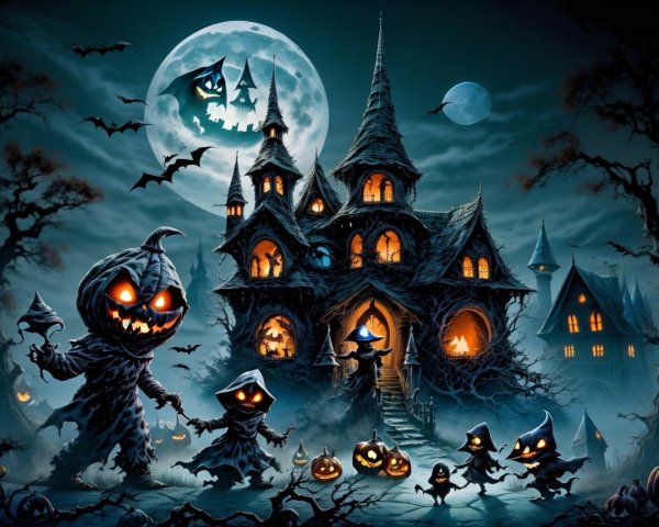 Whimsical Halloween Scene with Haunted House and Figures