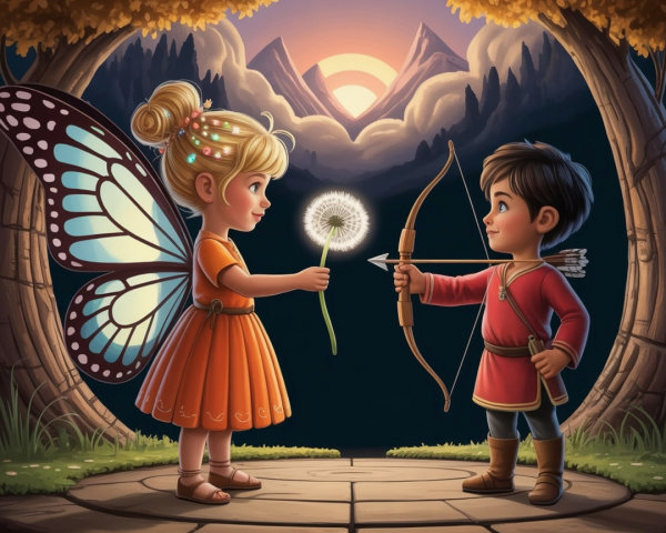 Fairy and Boy in Enchanted Forest at Sunset