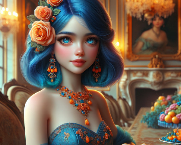 Young woman with blue hair in a lavish setting