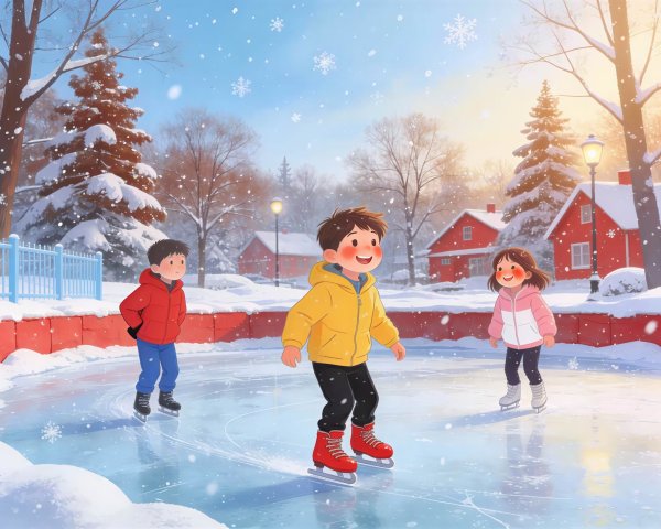 Children Ice Skating in a Snowy Winter Wonderland