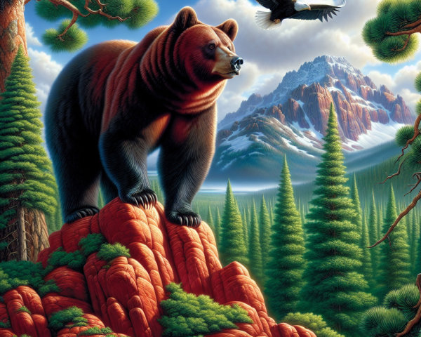 Grizzly Bear Overlooks Lush Forest and Mountainscape