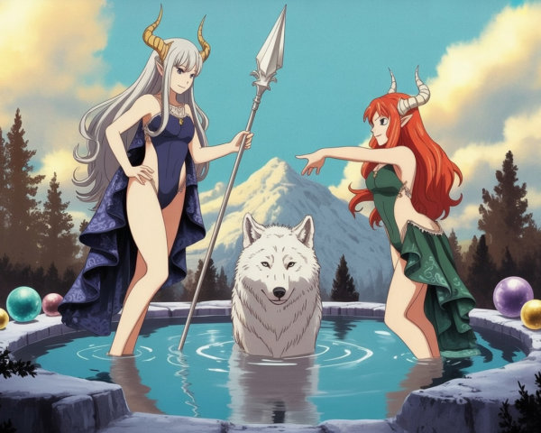 Fantastical female figures in a serene mountain pool