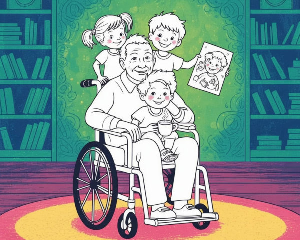 Elderly man in wheelchair with children and bookshelves