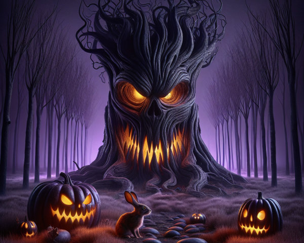 Colossal Twisted Tree in a Misty Halloween Forest