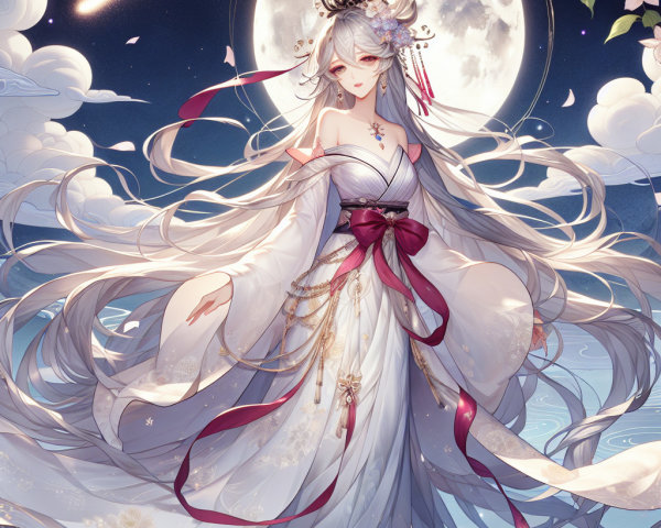 Serene figure in white kimono under full moonlight