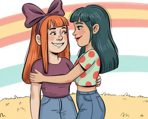 Animated Girls Embracing in a Colorful Setting