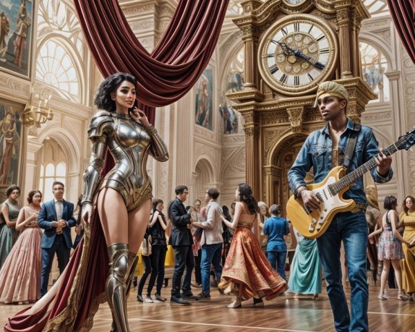 Heroic Figure in Armor Amidst Elegant Hall Scene