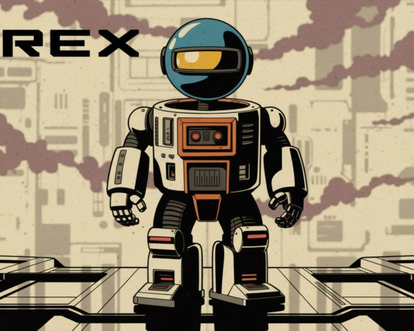 Retro Robot Rex with Abstract Tech Background