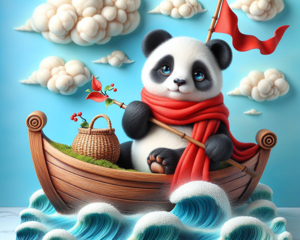 Panda in a Boat with Flowers and Scenic Background