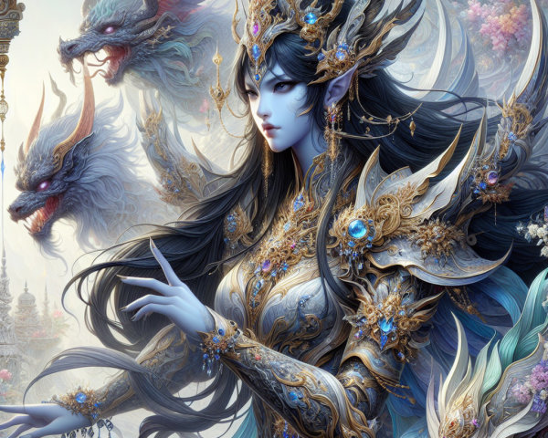 Mythical queen in ornate armor with dragon-like creatures