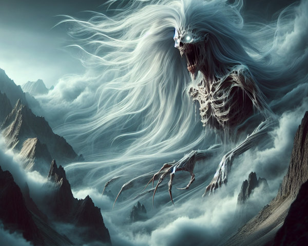 Ethereal Figure in Clouds with Jagged Mountains
