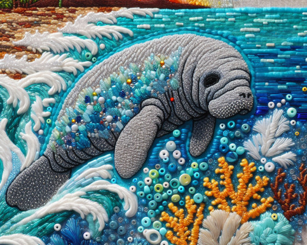 Embroidered Artwork of a Manatee in Evening Light