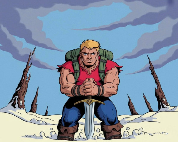 Muscular Hero in Snowy Landscape with Sword