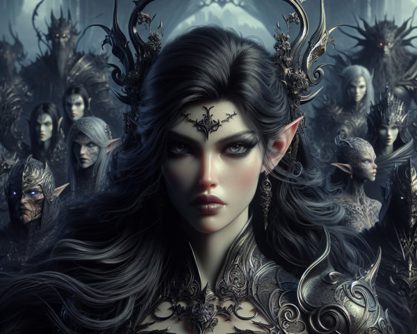 Elven Warrior in Dark Armor with Ethereal Figures