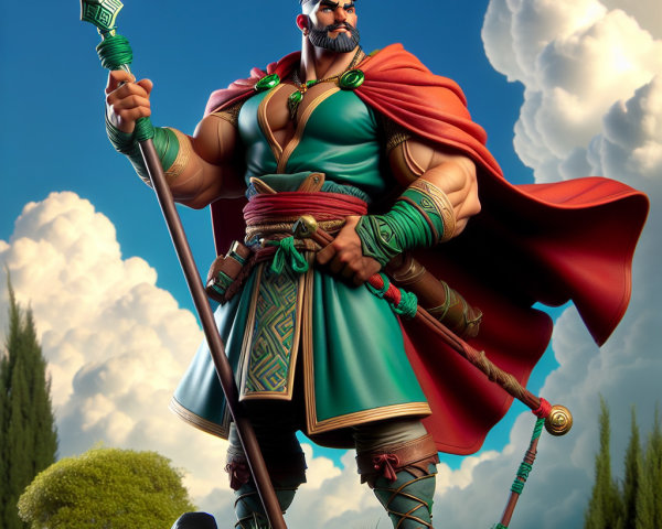 Warrior in Green Attire on Rocky Outcrop with Spear