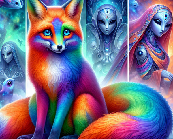 Vibrant Rainbow-Colored Fox with Surreal Alien Figures