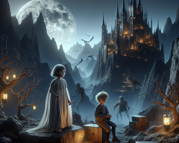 Children in Eerie Landscape with Ghostly Shadows