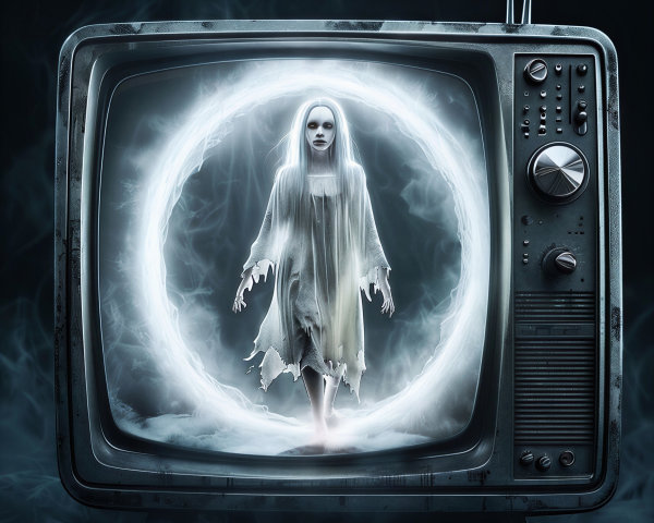 Vintage Television with Ghostly Figure and Mist
