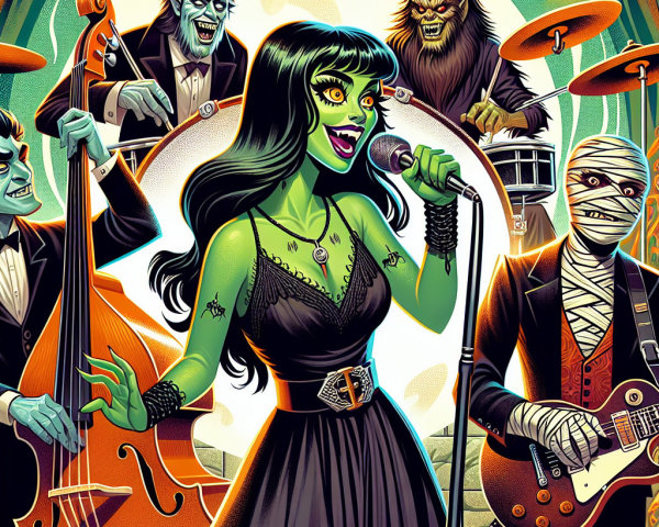 Cartoonish Classic Monsters Performing on Stage