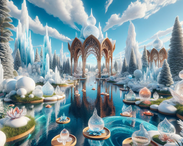 Fantasy Landscape with Lake, Ice Structures, and Flora