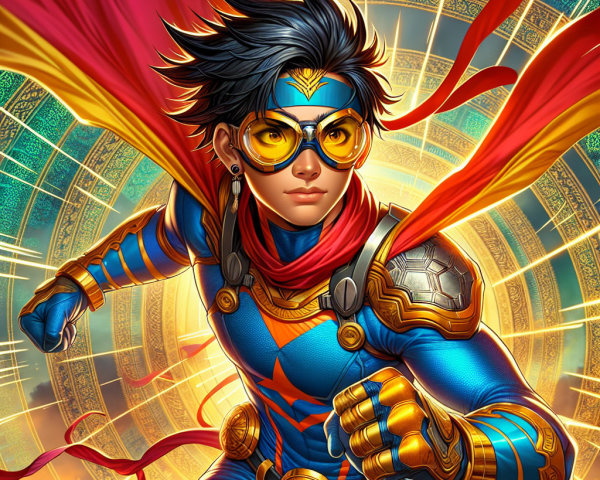Dynamic superhero in blue and yellow suit with cape