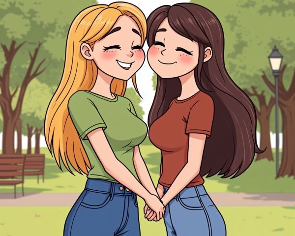 Cheerful Women in Sunny Park with Lush Trees