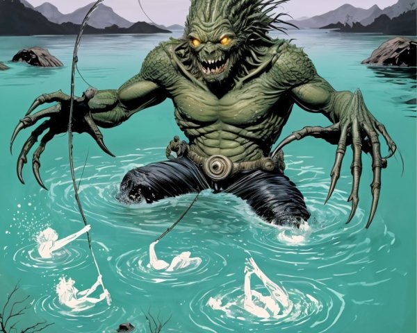 Monstrous Creature Emerges from Teal Lake Scene