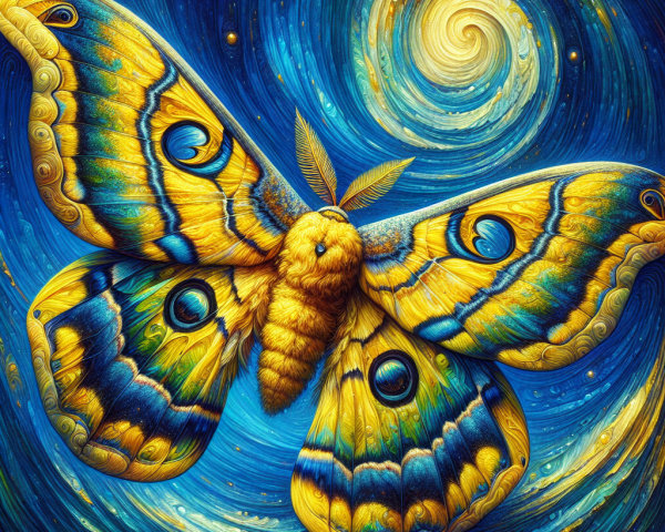 Surreal Moth Illustration with Blue and Yellow Patterns