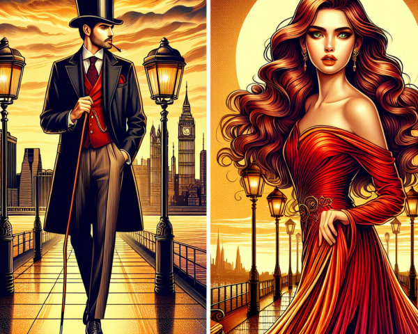 Elegant Figures in Vibrant Cityscape at Sunset