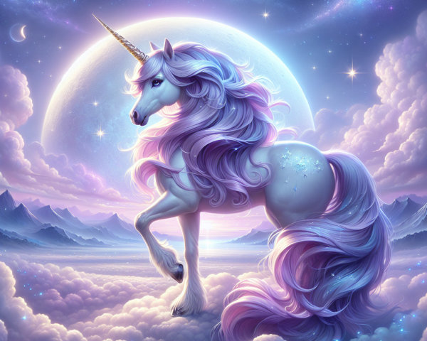 Unicorn on Clouds Under Moonlit Cosmic Sky