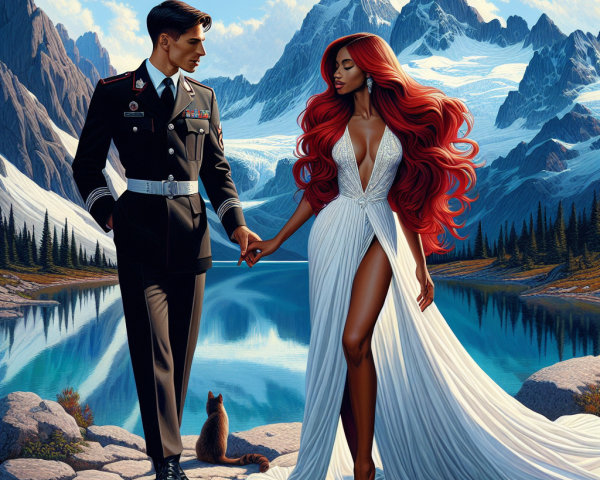 Soldier and Woman in Majestic Landscape with Cat