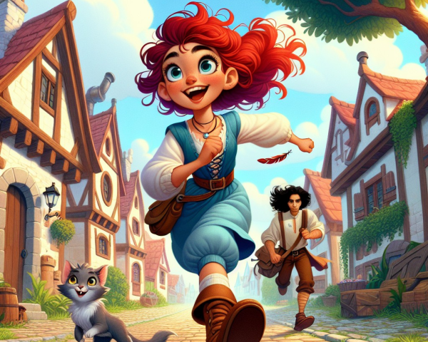 Charming Village Scene with Spirited Girl and Cat