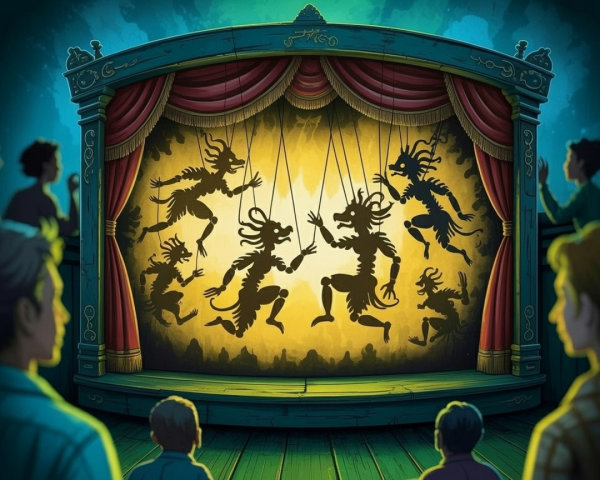 Theater Stage with Shadow Puppets and Vibrant Backdrop