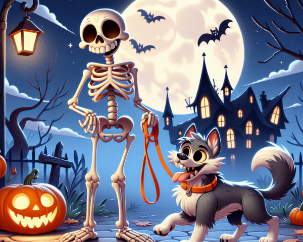 Whimsical Halloween Scene with Skeleton and Dog