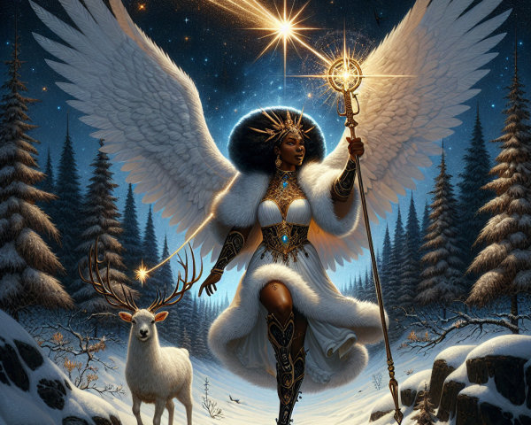 Black angel in winter forest with white deer and wings