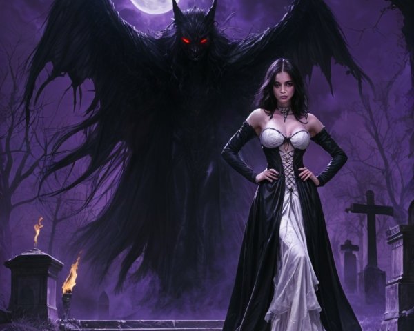 Young Woman in White Gown in Eerie Graveyard Scene