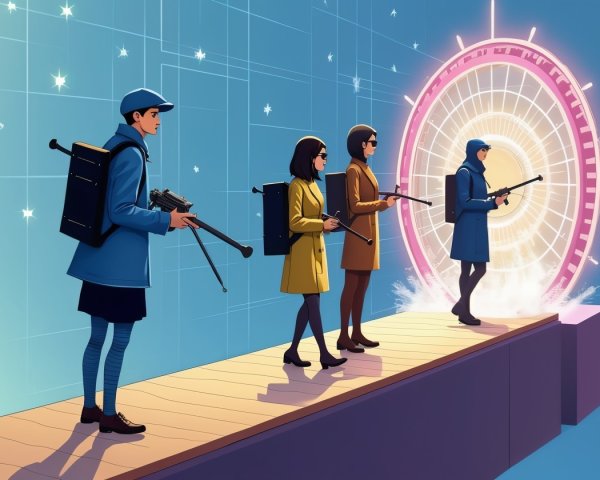 Futuristic Figures with Rifles by a Glowing Portal