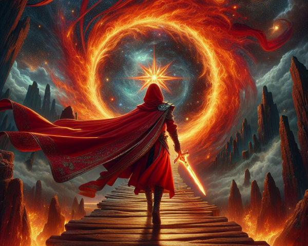 Cloaked Figure at Cliff Overlooking Cosmic Vortex