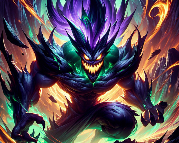 Monstrous figure in vibrant purple and green flames